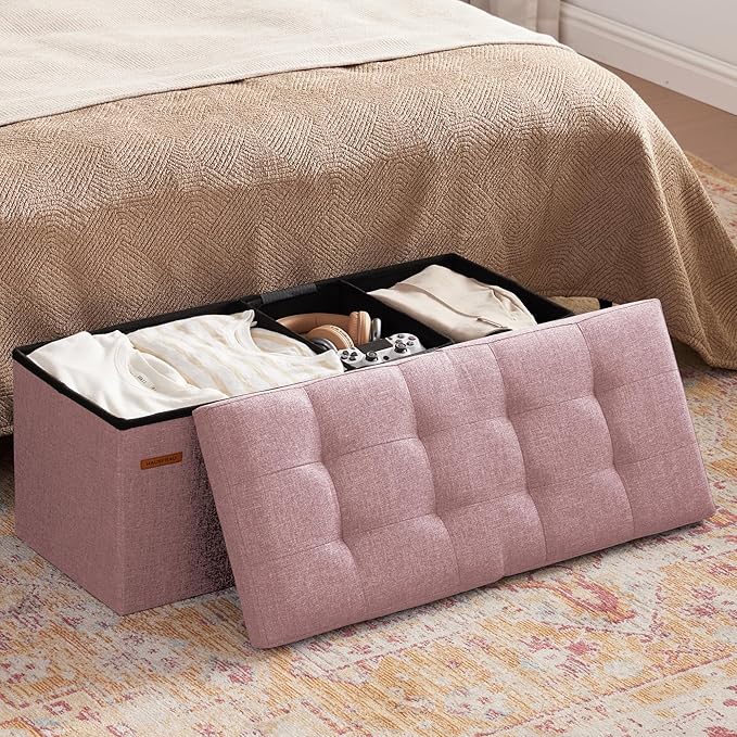 HAUSFRAU 31.5 Inches Ottoman with Storage Bench, Folding Ottoman Bench Small Foot Rest Stool, Bedroom Bench with Flipping Lid, Linen Nude
