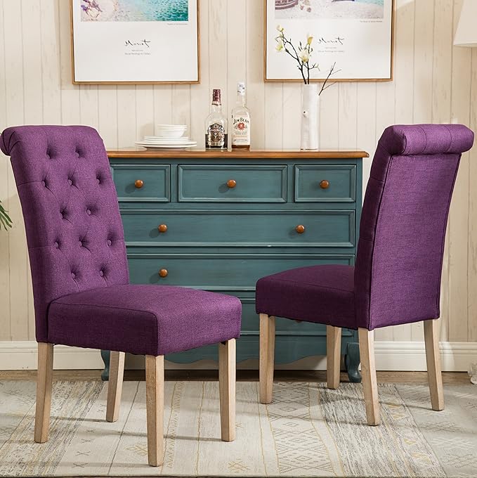 Roundhill Furniture Habit Solid Wood Tufted Parsons Purple Dining Chair, Set of 2