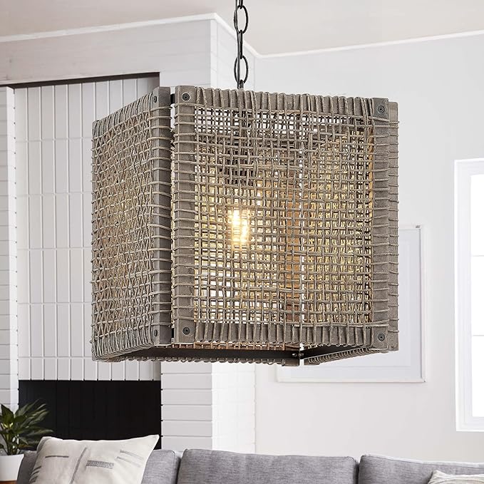 ELYONA Farmhouse Rattan Chandelier 12" Handwoven Pendant Light Fixtures with Gray Square Solid Wood Frame, Adjustable Hanging Lamp for Kitchen Island, Dining Room, Living Room, Bedroom, Bar, Hallway