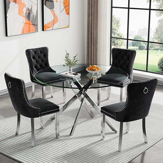 Goujxcy Round Dining Table Set for 4, Modern Glass Kitchen Table and Chairs Set of 4, 5-Piece Dining Room Table Set w/47 Circle Silver Glass Dining Table and 4 Upholstered Velvet Chairs