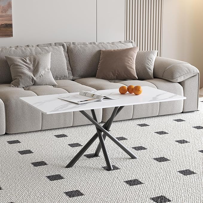 White Marble Coffee Table,Rectangle Modern Table with Sintered Stone Top and Black Metal Legs, 40 Inch Center Table for Living Room Apartment