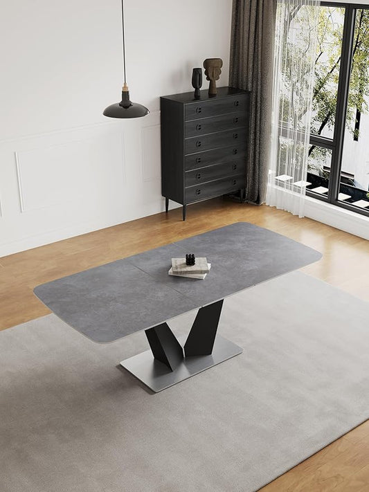 79 ”Modern Dining Table, Seats 6-8, Gray Rectangular Expandable Sintered Stone Dining Table with V-Shaped Carbon Steel Base,for Dining Room (Table)