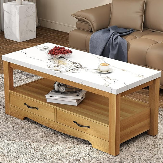 Coffee Table 40" Faux Marble 2-Tier Modern Wooden Rectangle Center Table with Drawers for Living Room, Conference Room, Thickened Top, Small Space Home Furniture (Natural Oak with Storage)