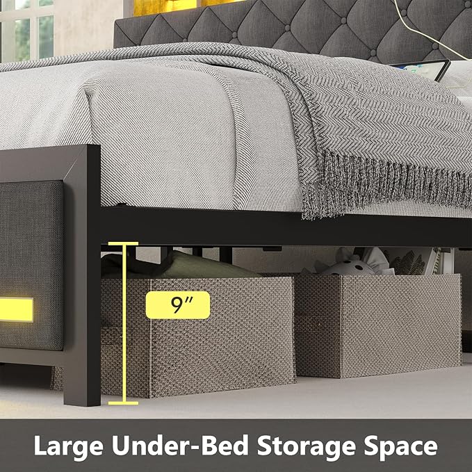 King Bed Frame with Upholstered Headboard, Bed Frame King Size with Hidden Storage,3-Tier Storage Shelves, LED Lights and Charging Station, King Bed with Noise-Free, No Box Spring Needed, Gray