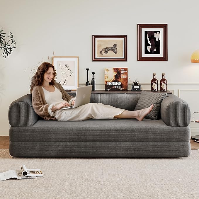 Boneless Couch Sectional Sofa,Convertible Sofa Bed with Sleeper Sofa,Futon Floor Couch Folding Sofas for Living Room,Bedroom,Apartment (Grey, 78.8''W)