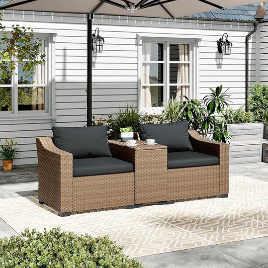 LHBcraft Patio Conversation Set Rattan Outdoor Sectional Furniture Sofa Set Wicker Couch with Coffee Table and Cushions for Poolside, Backyard (Yellow-Black, 3-PCS)