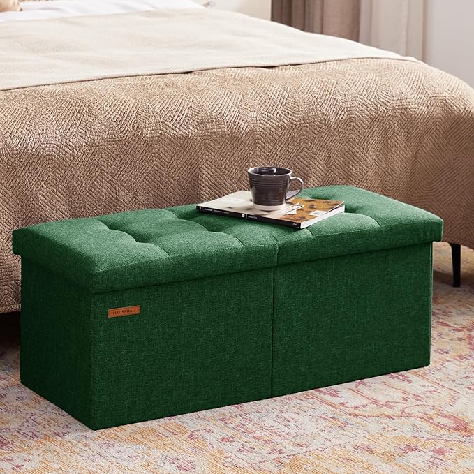 HAUSFRAU 31.5 Inches Ottoman with Storage Bench, Folding Ottoman Bench Small Foot Rest Stool, Bedroom Bench with Flipping Lid, Linen Green