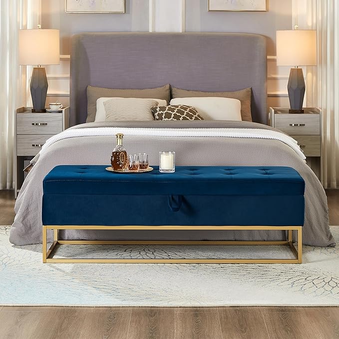 mikibama Velvet Storage Bench,58.6" Long Ottoman with Storage for Living Room,Tufted Storage Benches for Bedroom End of Bed,Entryway,Rectangle Window Seating Bench with Storage. (Velvet Navy)