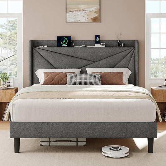 iPormis Full Size Bed Frame with Charging Station, Linen Platform Bed Frame with Wingback Headboard Upholstered Bedframe, Solid Wood Slats Support, No Box Spring Needed, Easy Assembly, Dark Grey