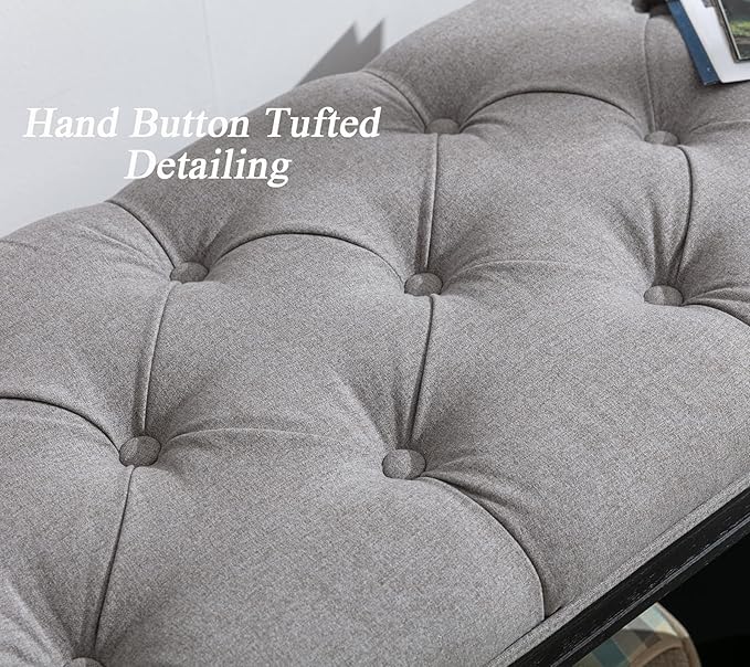 DUOMAY Mid-Century Tufted Storage Bench with Shelf, Linen Upholstered Farmhouse Entryway Shoe Bench Ottoman Bed End Stool for Bedroom Living Room Dining Room, Black Wood Frame, Grey