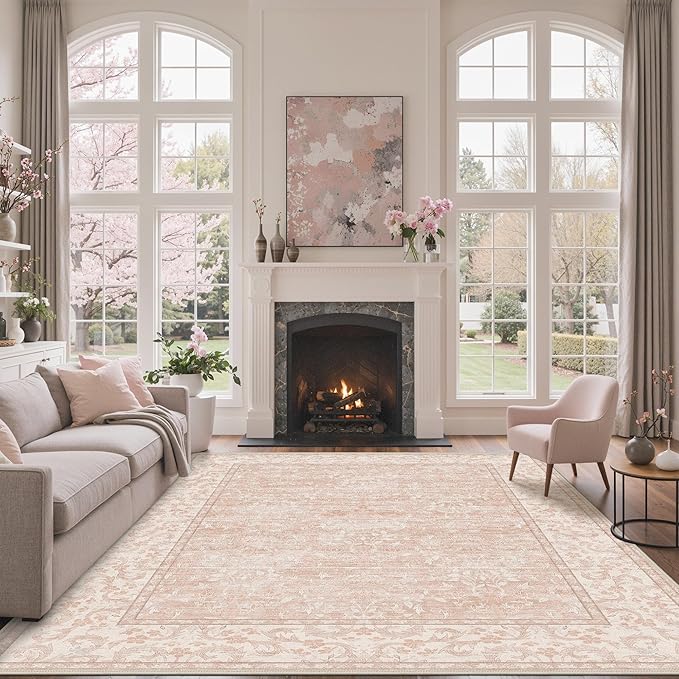 GENIMO 8x10 Washable Area Rug, Non-Slip Vintage Boho Floral Carpet, Soft Low-Pile Thin Living Room Rug for Bedroom, Dining Room, Nursery, Pink White