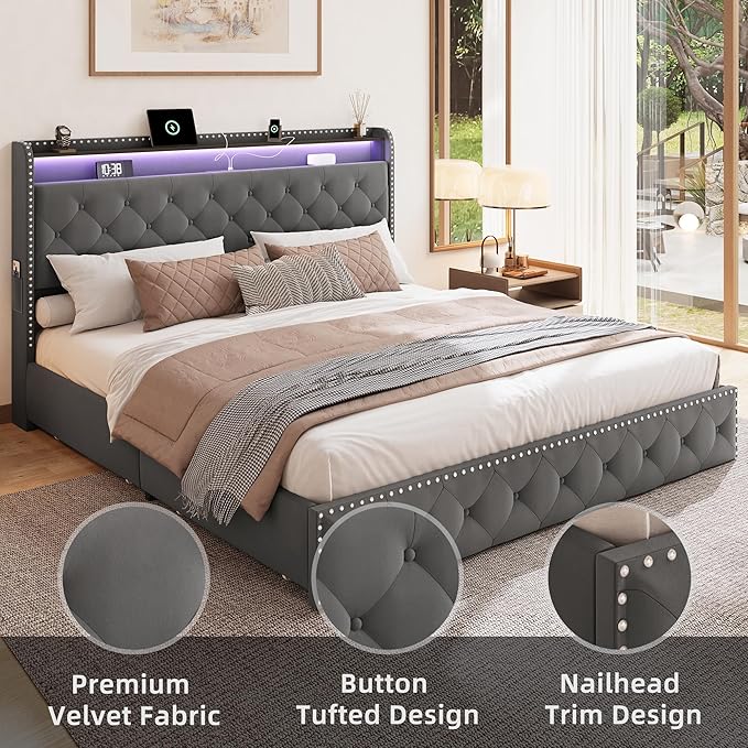 BRELTAM King Size Bed Frame with 4 Storaged Drawers Upholstered Velvet Bed Frame with LED and Charging Station,Platform Bed Frame with Headboard Heavy Duty Wood Slats, Noise Free, Easy Assembly,Grey