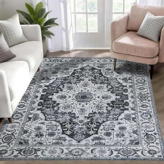 WILLSUN Washable Area Rugs, 4x6 Non-Slip Boho Large Area Rugs for Living Room, Bedroom, Machine Washable Vintage Rug, Indoor Floral Print Carpet for Home Decor, Kid & Pet Friendly Mat