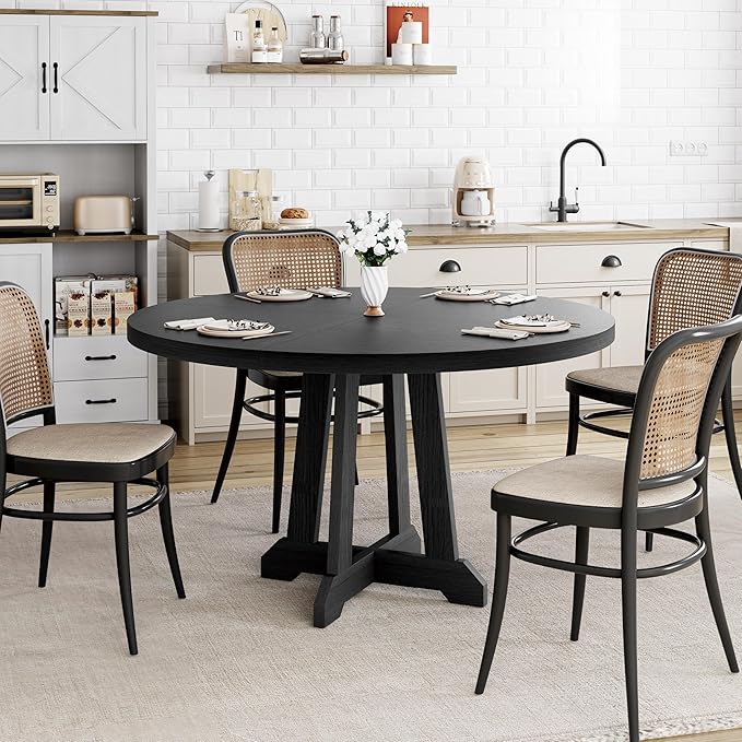 GarveeHome Round Dining Table for 4,Kitchen Dining Room Circle Dinner Pedestal Table,Space Saving Wood Kitchen & Dining Room Furniture,Black 47-inch Diameter