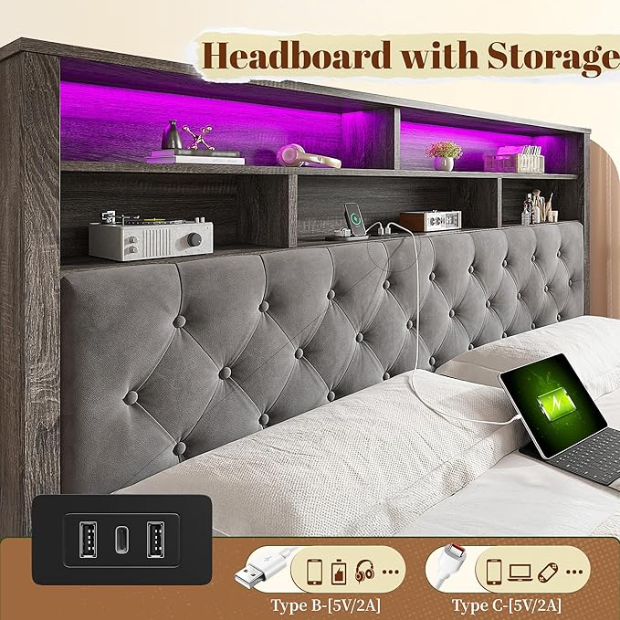 EnHomee King Size Bed Frame with 4 Drawers and Upholstered Storage Headboard,Wooden King Bed Frame with Charging Station and LED Lights,NO Noise,No Box Spring Needed,Gray