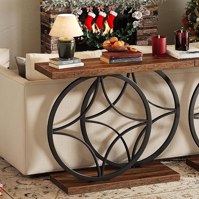 39.4" Console Table, Industrial Entryway Table with Anti-Tilt Design, Narrow Wood Accent Sofa Table Behind Couch with Double Circle Base for Entryway, Living Room, Hallway, Foyer