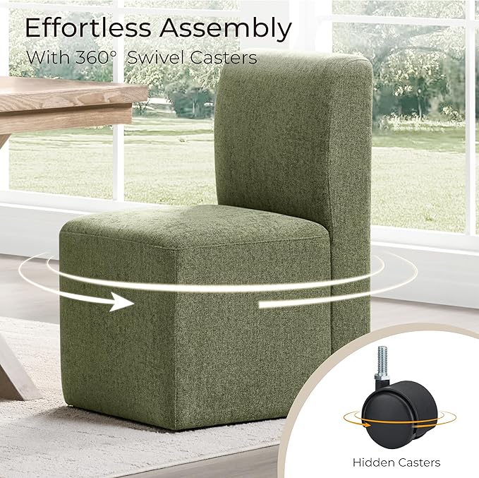 CHITA Dining Chairs with Casters Set of 2, FSC Certified Upholstered Armless Modern Rolling Dining Chairs with Rollers for Bedroom Reading Room Living Room, Moss Green