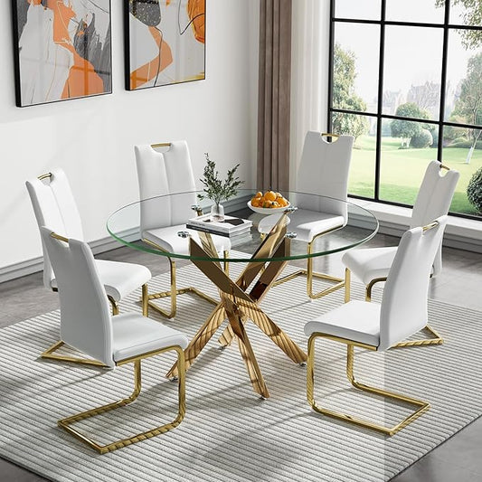 Goujxcy Round Dining Table Set for 6, Modern Glass Kitchen Table and Chairs Set of 6, 7 Piece Dining Room Table Set with 47" Circle Gold Metal Glass Dinner Table and 6 White Leather Dining Chairs