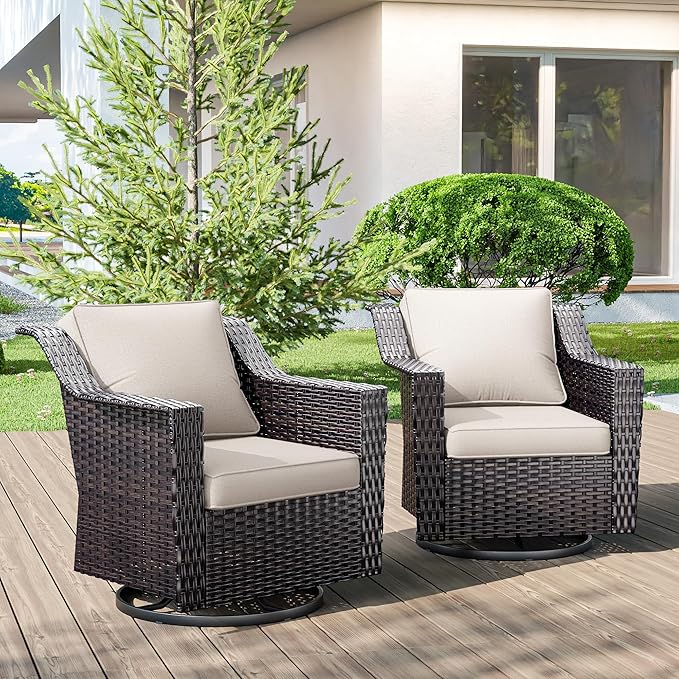Outdoor Swivel Chairs Set of 2, Luxury Wicker Patio Chair with Wide Armrest, Thickened Cushions, Outdoor Rattan Furniture for Deck, Porch Use