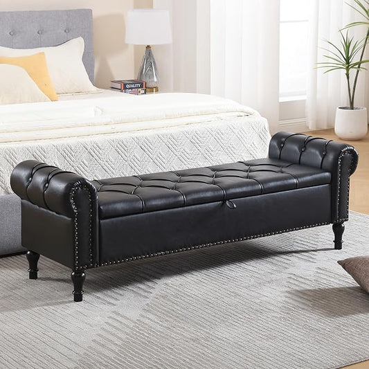 Leather Storage Bench 67 Inch Upholstered Tufted Ottoman Bench with Arms King Size End of Bed Bench for Bedroom Living Room Entryway Black