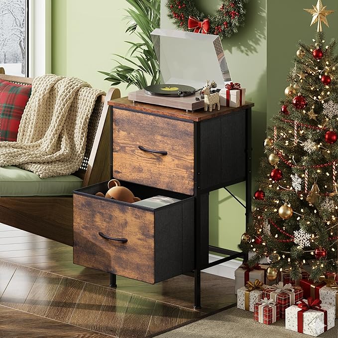 WLIVE Night Stand, Small Dresser with 2 Drawers & Wooden Top, Nightstand with Fabric Bins, Bedside Table End Table for Bedroom, Closet, Entryway, College Dorm, Rustic Brown