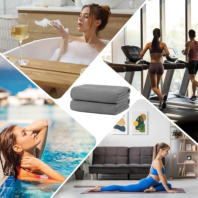 POLYTE 380 GSM Microfiber Oversize Quick Dry Lint Free Waffle Bath Towel for Body, 60 x 30 in, Set of 2