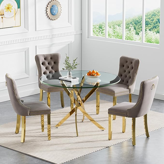 Goujxcy 5 Piece Round Glass Dining Table Set for 4, 36" Round Dining Table & Chair Set Modern Circle Glass Kitchen Table and 4 Velvet Upholstered Chairs for Kitchen Dining (Gold Table & Grey Chair)