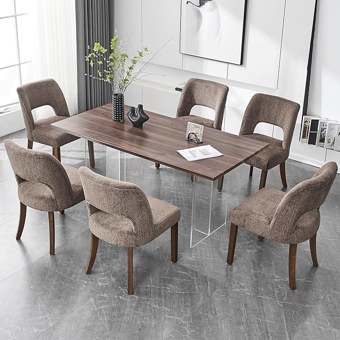 VKNOW Wooden Dining Chairs Set of 2, Modern Fabric Upholstered Dining Room Chair Kitchen Chairs, Farmhouse Dinner Chair for Kitchen Dining Room, Brown