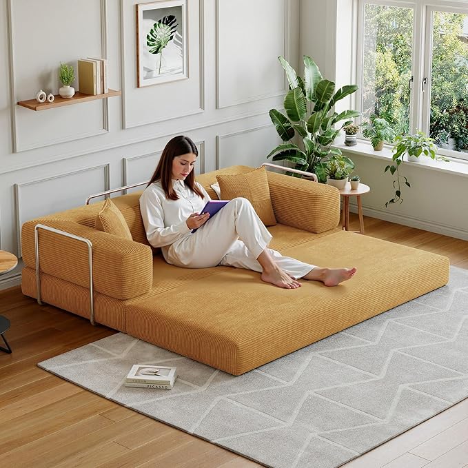Compressed Sleeper sofa bed,Convertible Floor Boneless Couch-With Comfy Pillow,Modular Modern Corduroy Sofa for living room Bedroom Lounge Studio-With Fixed-shape Frame and support Armrest(Yellow)