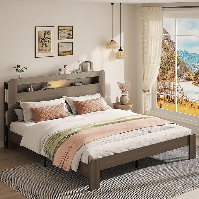 Wooden Bed Frame King Size with Storage Headboard - Farmhouse Platform Bed Frame with Bookcase Shelf & Led Lights, Sturdy Wood Slat Framework Bed Frame (Light Brown LED)