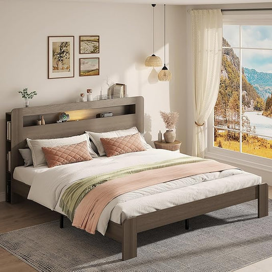 Wooden Bed Frame King Size with Storage Headboard - Farmhouse Platform Bed Frame with Bookcase Shelf & Led Lights, Sturdy Wood Slat Framework Bed Frame (Light Brown LED)