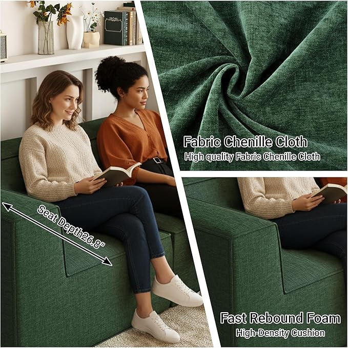 76" Sectional Compressed Sofa Modular Couches Loveseat 2 Deep Seat,High-Density Foam No Assembly Required,2-Piece(2xCorner) for Living Room Fabric Chenille Green