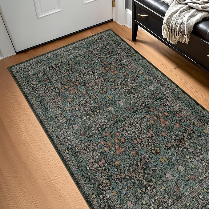 Vintage Floral Dark Green 3x5 Area Rugs for Entryway, Kitchen, Bedroom Beside Rug, Laundry Room, Non-Slip Low Pile Ultra Soft Stain Resistant Small Carpet