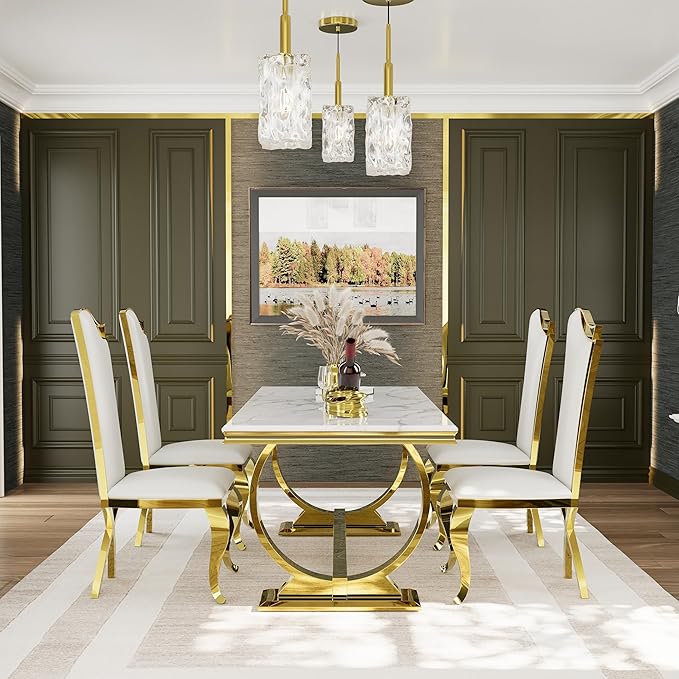 Asday White and Gold Dining Table, 72 inch Dining Room Table with Polished Stainless Steel U-Base for 4-8