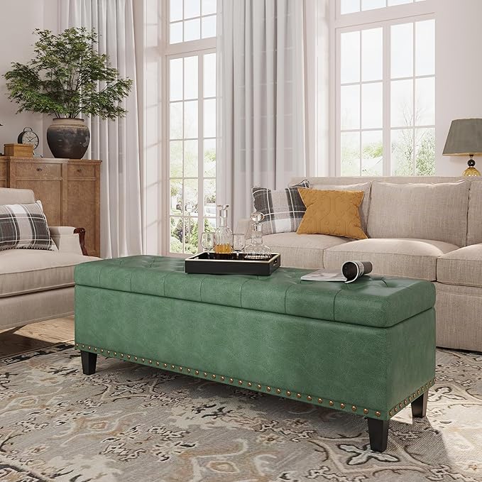 Storage Ottoman Bench,51-Inch Large Storage Bench for Bedroom End of Bed, 30 Gallons Faux Leather Ottoman with Storage for Bedroom, Living Room, Entryway, Hallway,Green