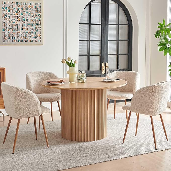 47" Round Dining Table for 4, Modern Farmhouse Wood Veneer Top with MDF Striped Base, Kitchen & Dining Room Tables - Oak Color