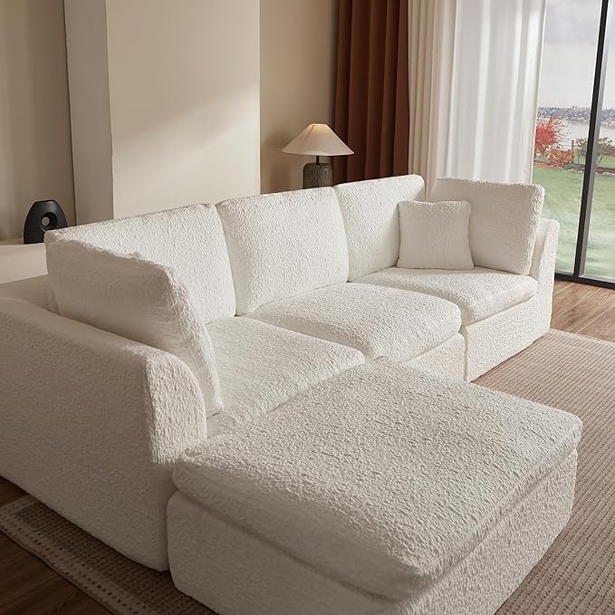 Cilee 110" Modular Sectional Sofa, Cloud Couch with Deep Seat, L-Shape Boneless Sofa, 3 Seat Memory Foam Sofa, No Assembly Required, Upholstered Couch for Living Room, Movable Ottoman, Chenille, White
