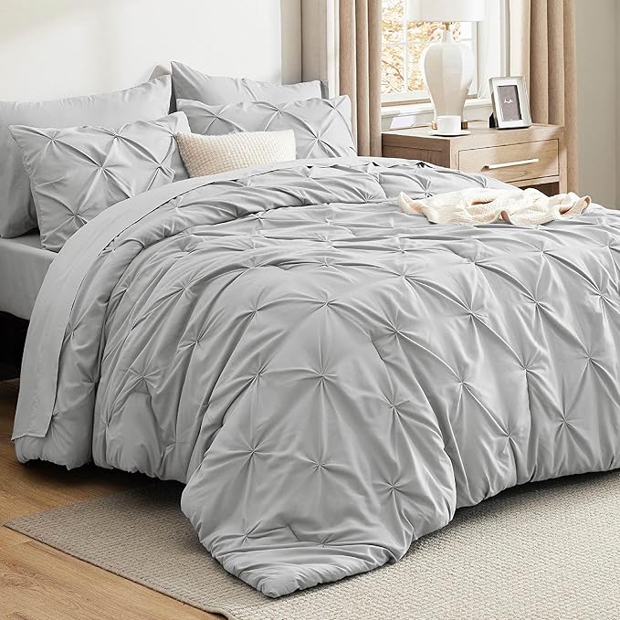 Bedsure Queen Comforter Set Light Grey - Bed in a Bag Queen Size Bedding 7 Pieces, GentleSoft™ Pintuck Bed Set Gift for Family, Pinch Pleat All Season Comforter with Sheets, Pillowcases & Shams