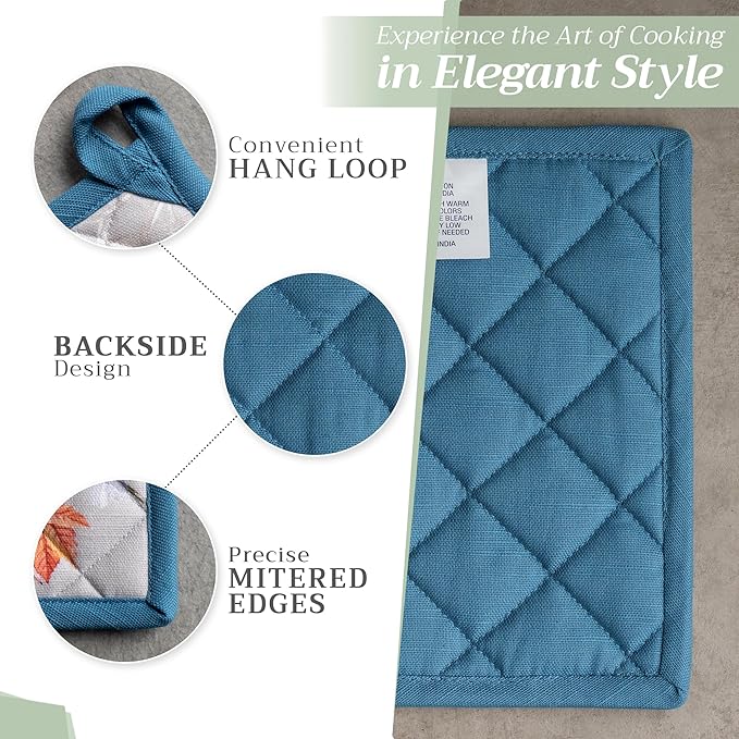Maison d' Hermine 100% Cotton Oven Mitt & Pot Holder Set (7.5"x13" & 8"x8") Heat Resistant BBQ Cooking Gloves with Loop for Thanksgiving Christmas Decorations Handling Hot Pans (Equinoxe - Grey)