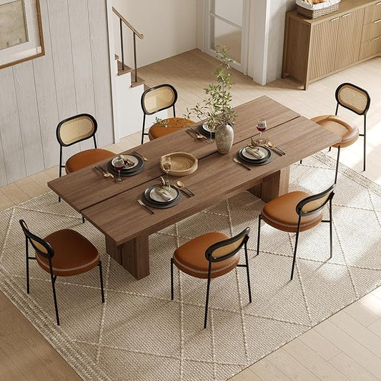 Rattan Dining Chairs Set of 6, Camel Leather Upholstered Dining Chairs with Rattan Cane Back, Mid Century Modern Dining Room Chairs with Black Metal Legs & D-Shaped Thicken Cushion, Camel