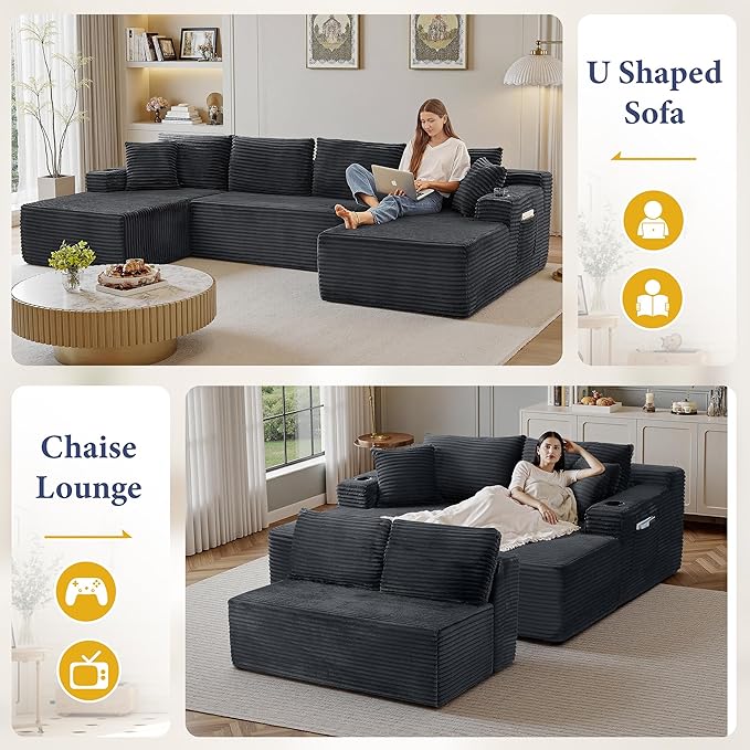 133" Couches for Living Room Deep-Seat Sectional Couch for Living Room Corduroy Boneless Couchs U-Shape Cloud Couch Flexible Modular Sectional Sofa with Chaise Lounge (Dark Gray, with Cup Holder)