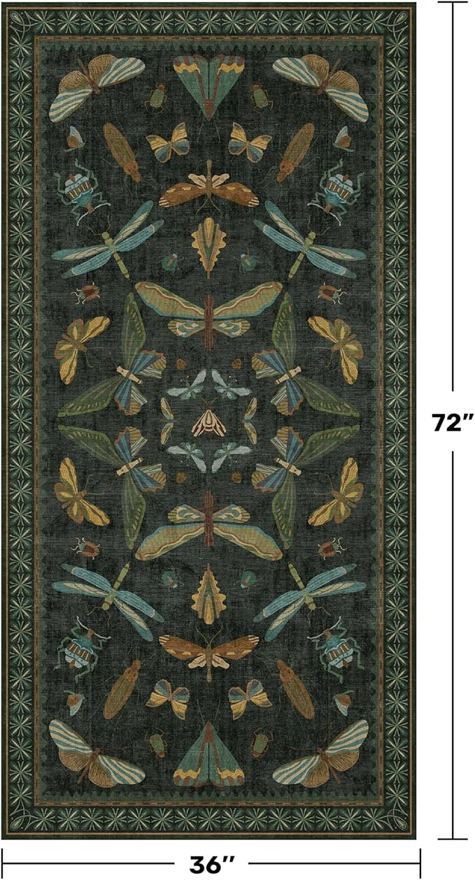 Dark Green Rug for Entryway Indoor- 3x6 Large Washable Kitchen Rug, Non Slip Insect & Floral Pattern Carpet for Entry Way, Mudroom, Vintage Stain Resistant Indoor Décor
