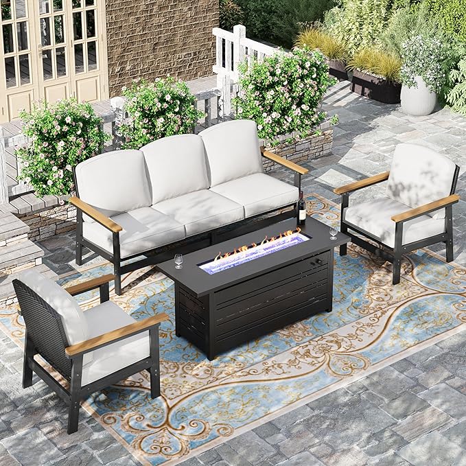 HERA'S HOUSE HDPE Patio Furniture Set, 4-Piece Outdoor Wicker Conversation Couch Set with 57" Fire Pit Table and Thick Cushion, All-Weather Patio Sofa Set for Backyard Garden Deck