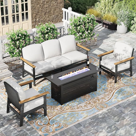 HERA'S HOUSE HDPE Patio Furniture Set, 4-Piece Outdoor Wicker Conversation Couch Set with 57" Fire Pit Table and Thick Cushion, All-Weather Patio Sofa Set for Backyard Garden Deck