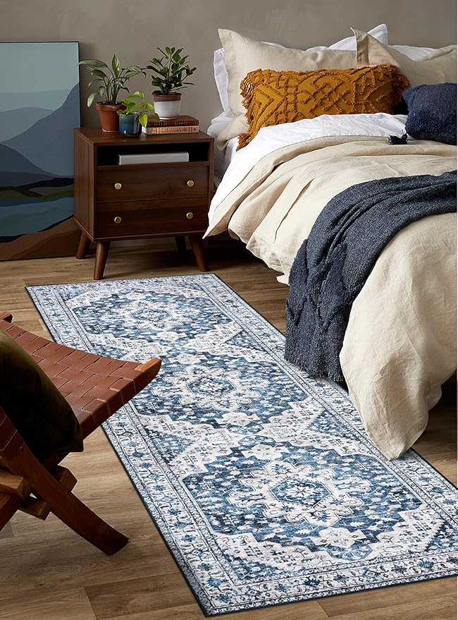 Moynesa Blue Vintage Floral Medallion Runner Rug, 2'6" x 8', Machine Washable, Non-Slip, Pet Friendly, High-Traffic Areas