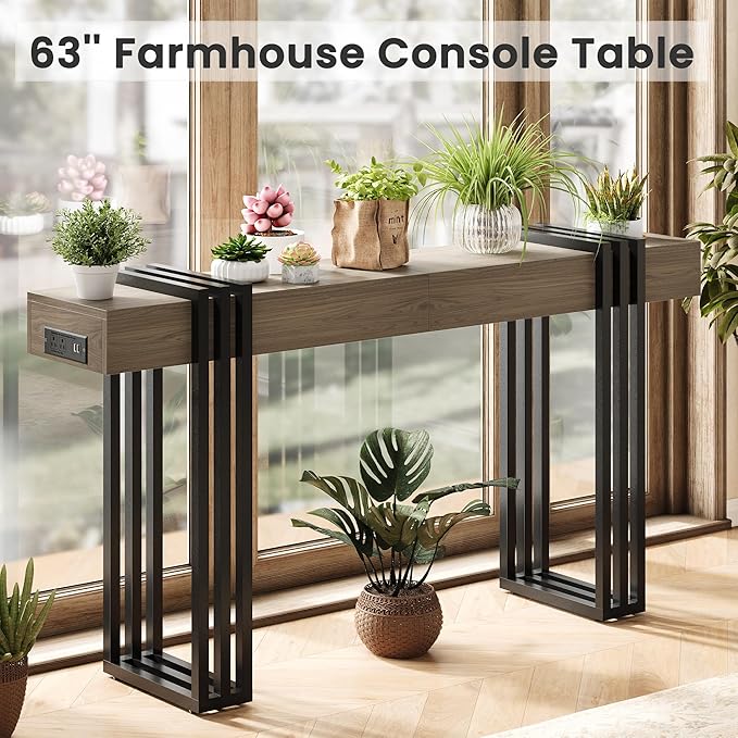 63" Long Console Table for Entryway - Behind Couch Table for Living Room, Wood Sofa Tables with Black Parallel Metal Frame & Power Outlet for Hallway, Entrance, Narrow Foyer, Light Walnut