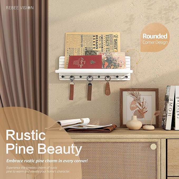 Rebee Vision Rustic Key Holder Wall Mount for Home Decor – Modern Key Hook with 8 Sturdy Hooks & Floating Shelf – Chic Wall Organizer for Entryway, Living Room, or Kitchen Decor(White)