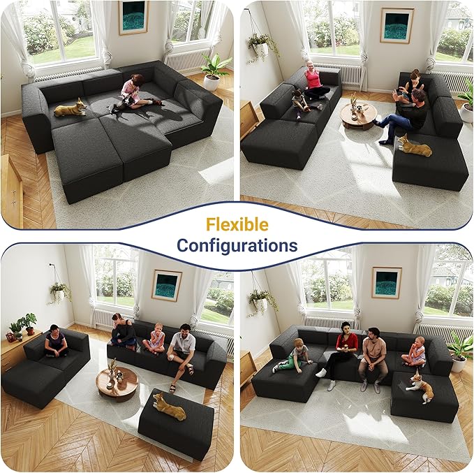 136" 6-Piece Sectional Sofa Modular Couches,L-U-Shaped with Chaise,for Living Room,Compressed Foam No Assembly,for Living Room (2xArmless Corner Ottoman) Fabric Chenille Dark Grey