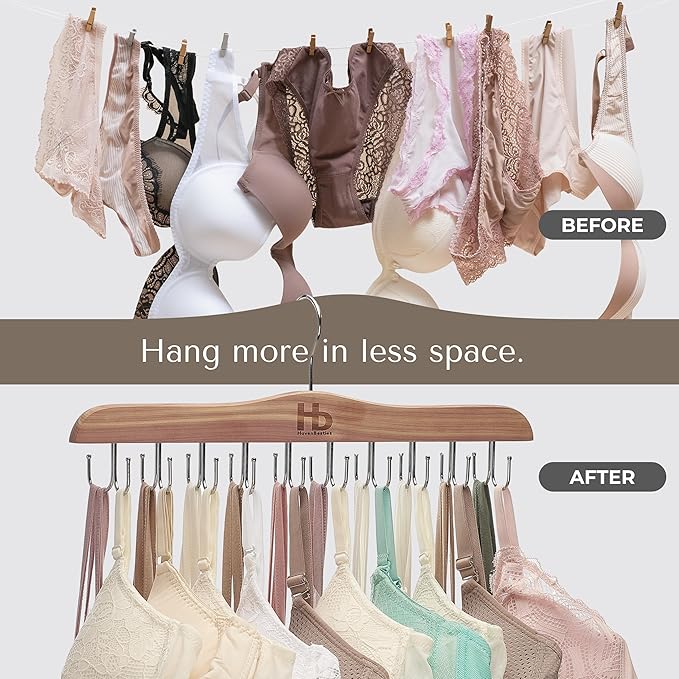 Large Bra Hanger and Bra Organizer for Closet – Tank Top Hanger Space Saving for House, Dorm, Apartment - Foldable Wooden Hangers for Closet Organizer - 20 Hooks - Cedar Wood, Natural, 2 Pack