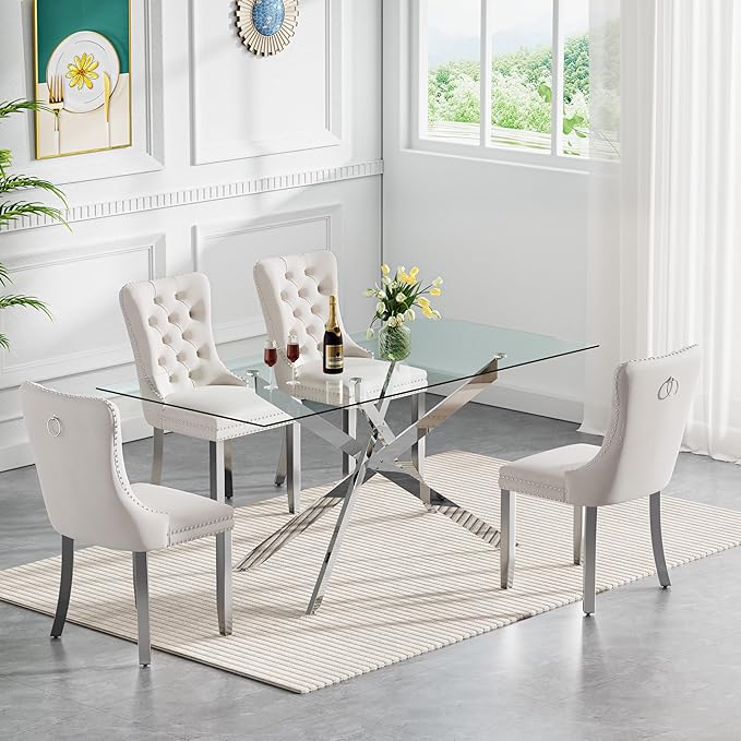 60" Rectangular Glass Dining Room Table for 6 with Tempered Glass Top and Silver Metal Legs, Modern Clear Kitchen and Dinner Table for Home Office Dining Room